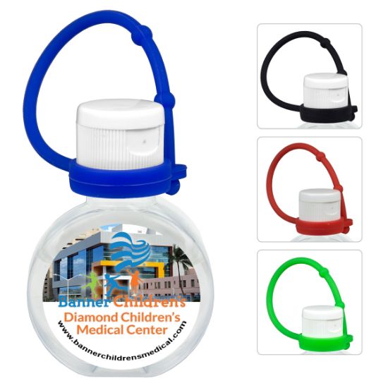Picture of “CirPal Connect” 1 oz Compact Hand Sanitizer Antibacterial Gel in Round Flip-Top Squeeze Bottle with Colorful Silicone Leash