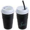 Promotional and Custom Bistro 14 oz Coffee Cup with Silicone Sleeve + Straw - Black