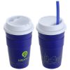 Promotional and Custom Bistro 14 oz Coffee Cup with Silicone Sleeve + Straw - Blue