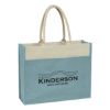 Jute Tote Bag With Front Pocket - Natural with Light Blue