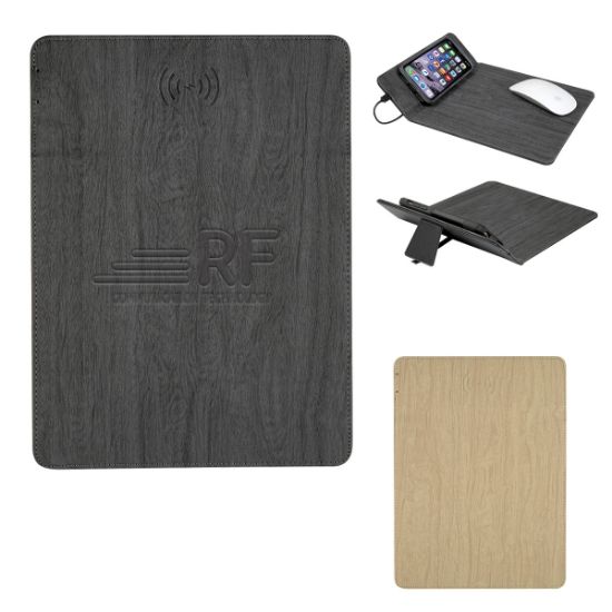 Woodgrain Wireless Charging Mouse Pad With Phone Stand